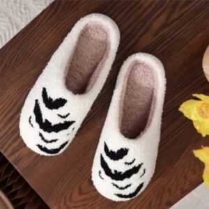Halloween Bat Slippers Spooky Slides Cozy Plush White & Black